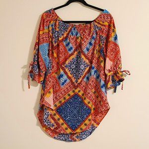Mileage Boho Top Womens Sz 1X Colorful Patchwork Geometric Preppy Office Casual